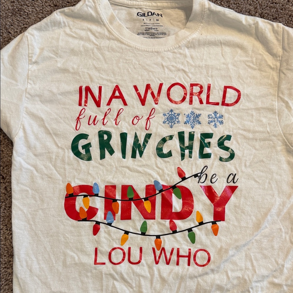 Gildan White Tee with Festive Red and Green Print